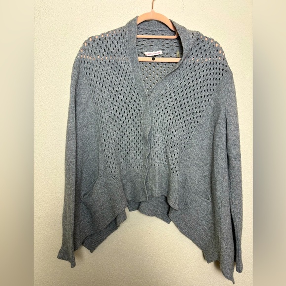 Rebecca Taylor Gray Lambswool/Cashmere Blend Crochet Asymmetrical Hem Cardigan S - Picture 1 of 9